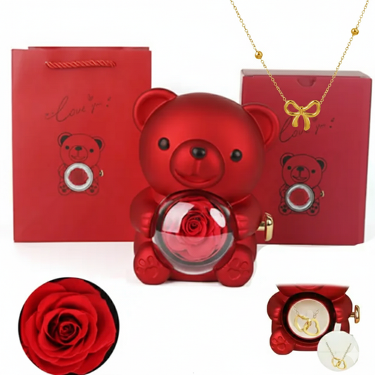 🧸 Coffret Ourson Rouge & Collier Nœud Doré